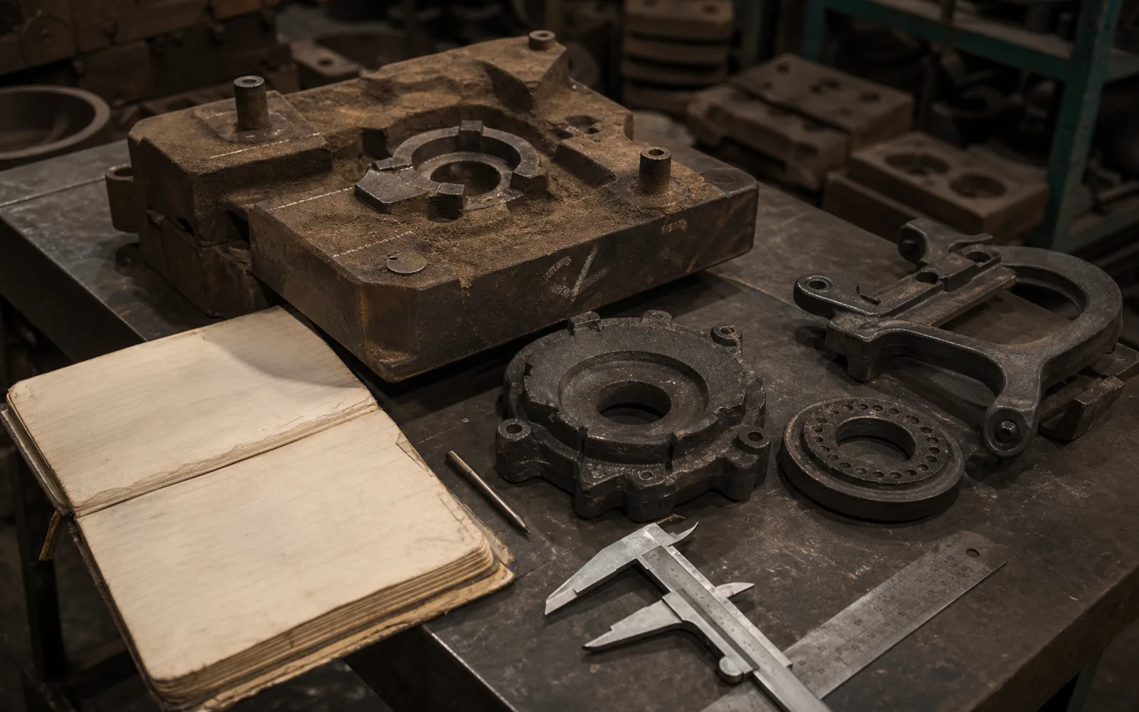 Custom cast iron sample parts and tooling reviewed on a factory workbench