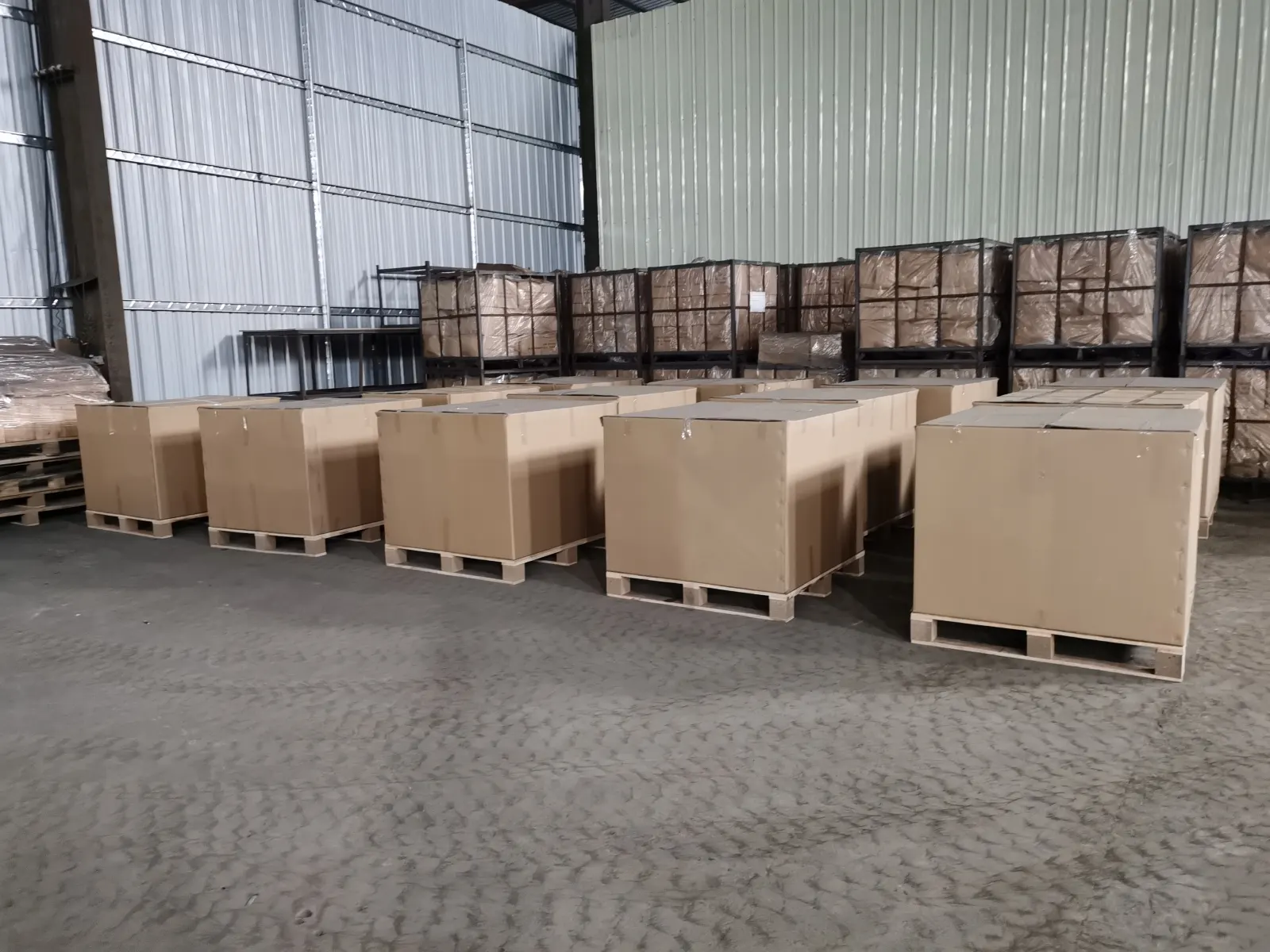 Palletized cartons stored in a warehouse before shipment preparation