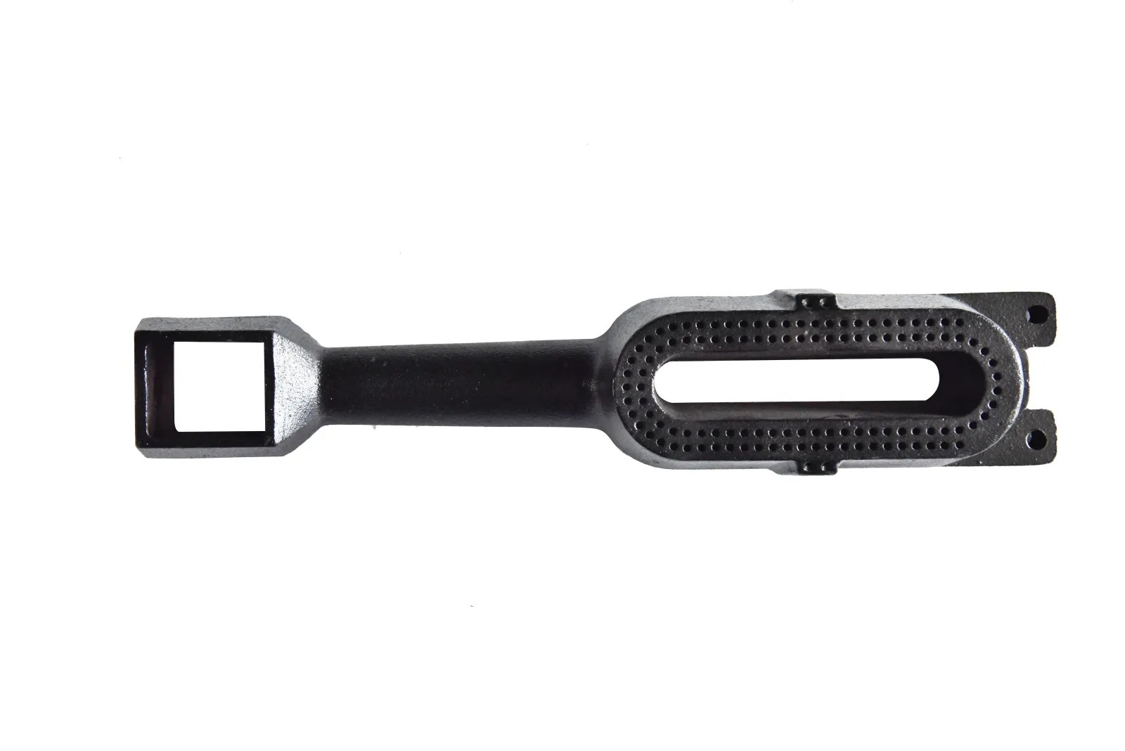 Elongated cast iron burner component with a perforated oval section and rectangular mounting end