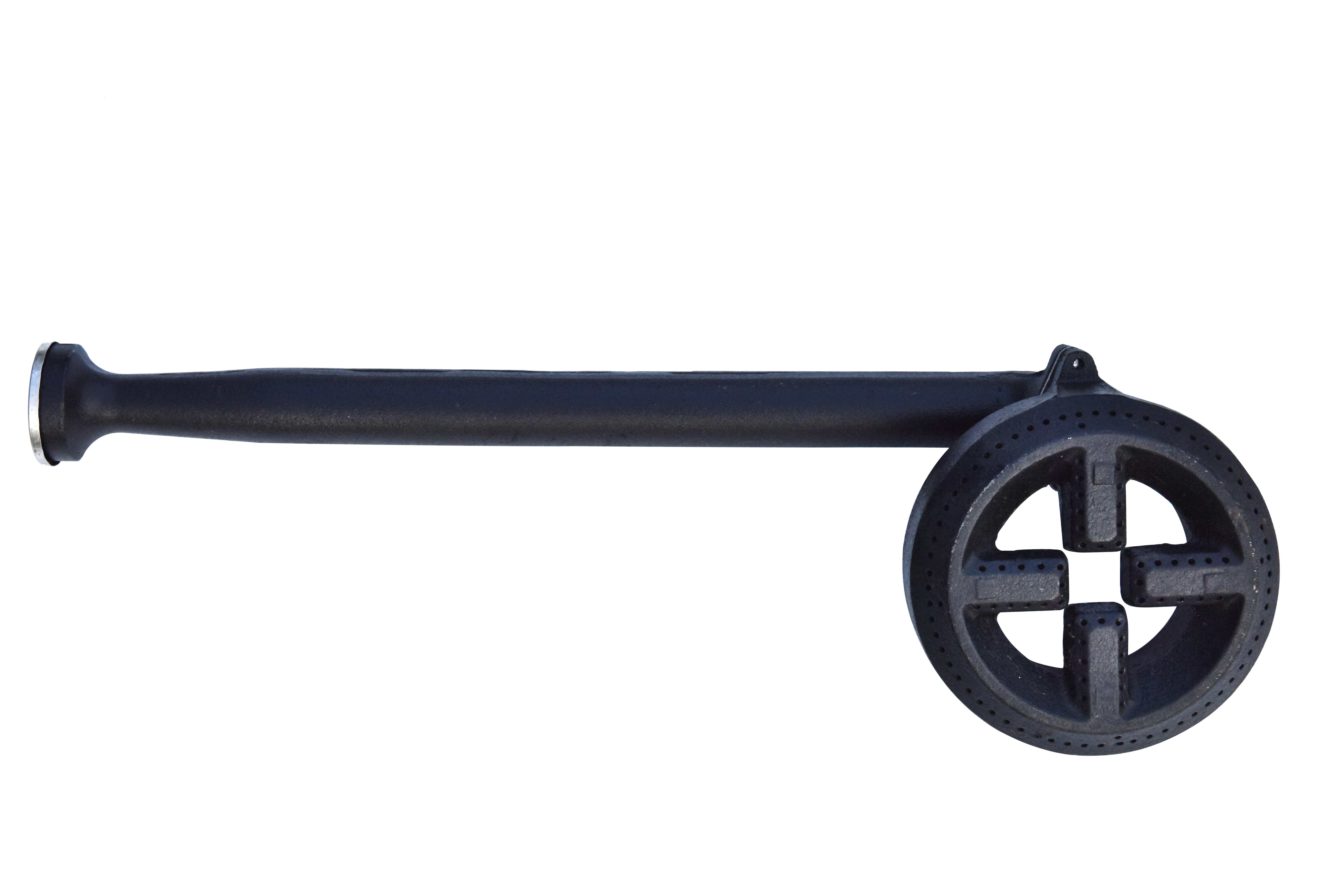 Long cast iron burner component with rounded end