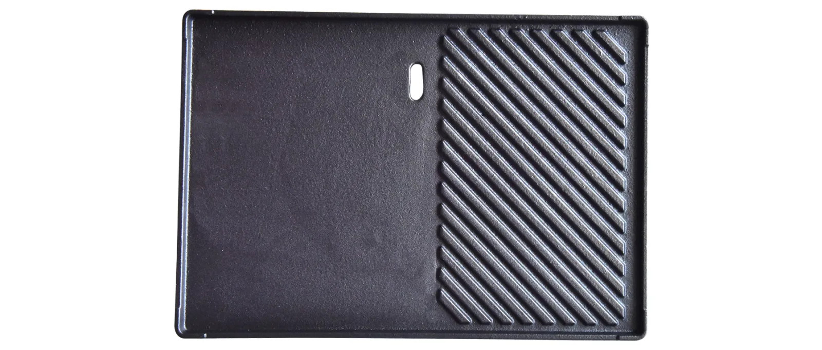 Rectangular cast iron griddle plate with flat and ribbed cooking surfaces